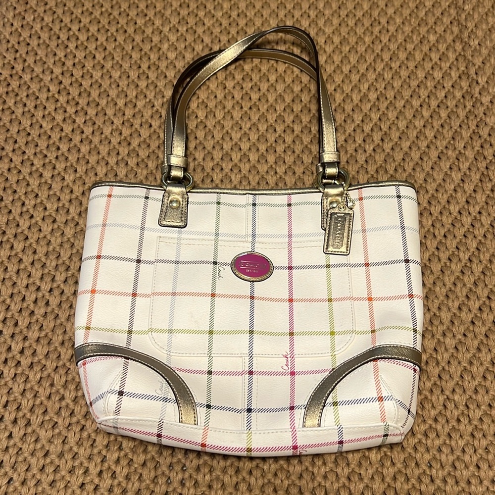 Coach Heritage Cream Multicolor Leather Tattersall Tote